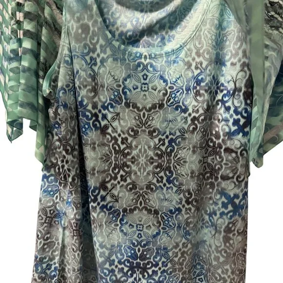 One World blouse Sz 2X Blue & Green Printed Top with overlay part blouse. NWT - Picture 5 of 11